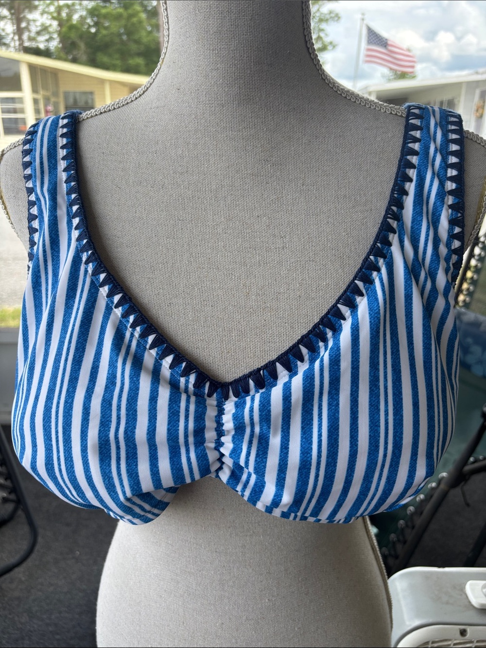 Blue & White Striped V-Neck Bikini Top NWT